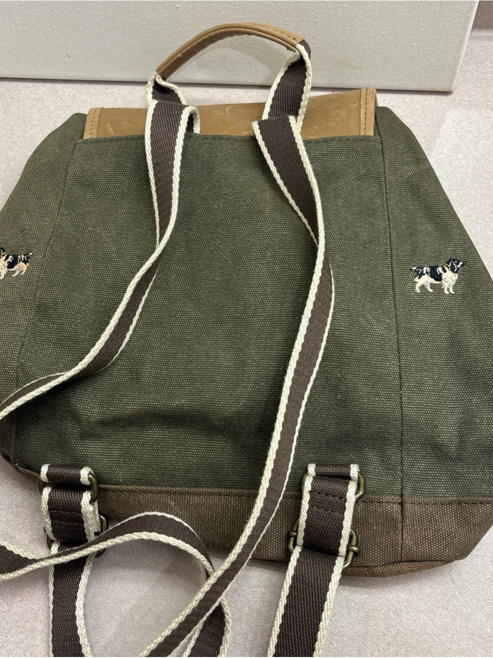 Vtg LL Bean Boat & Tote Bag Backpack Spaniel Dog Embroidered Leather Canvas - Picture 4 of 9